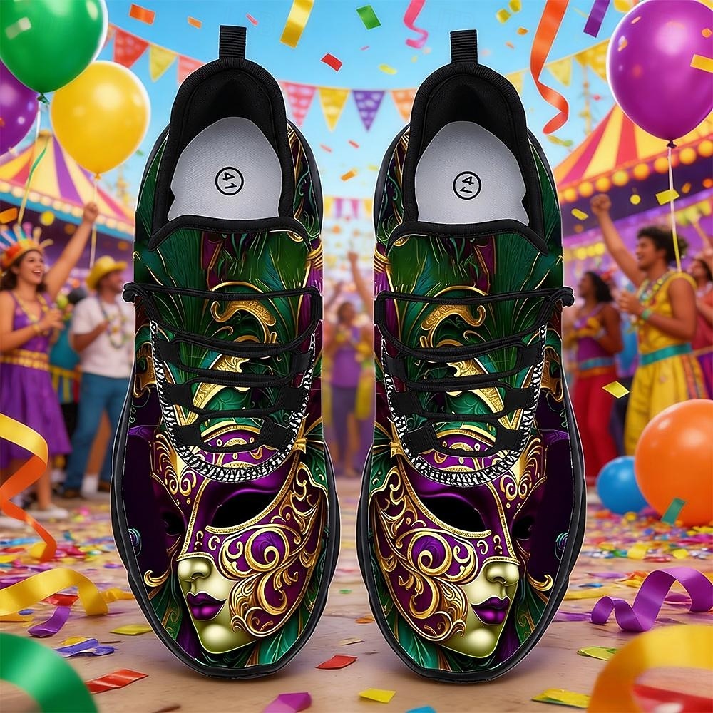 Scarpe da ginnastica a tema Carnevale da uomo per Mardi Gras con design vivace di maschera di maschera – Calzature divertenti e colorate per Carnevale feste e festival del 2026 a $42.99 –P1