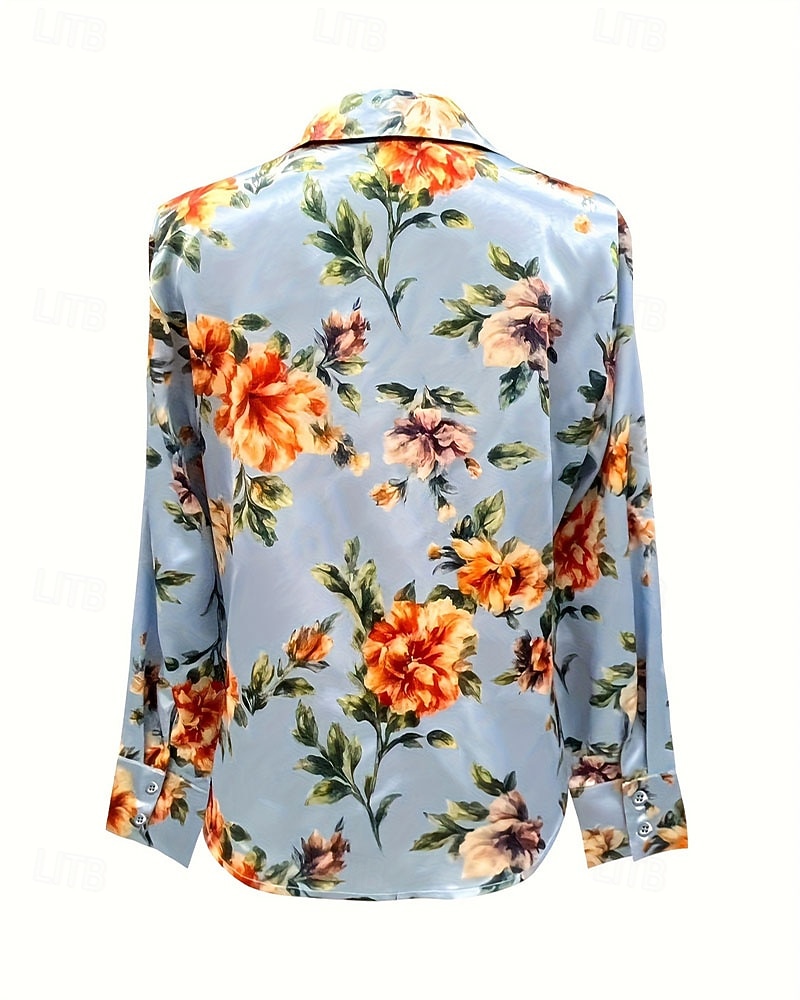 نسائي قميص أنيقة بلوزة من الساتان قمم الصيف مكشكش بقع طباعة ورد الرسم سهل أنيق عتيق سيدات كم طويل قبعة القميص قمصان عادية مناسب للبس اليومي عمل مناسب للعطلات أزرق الصيف الربيع 2026 - $26.99 –P2