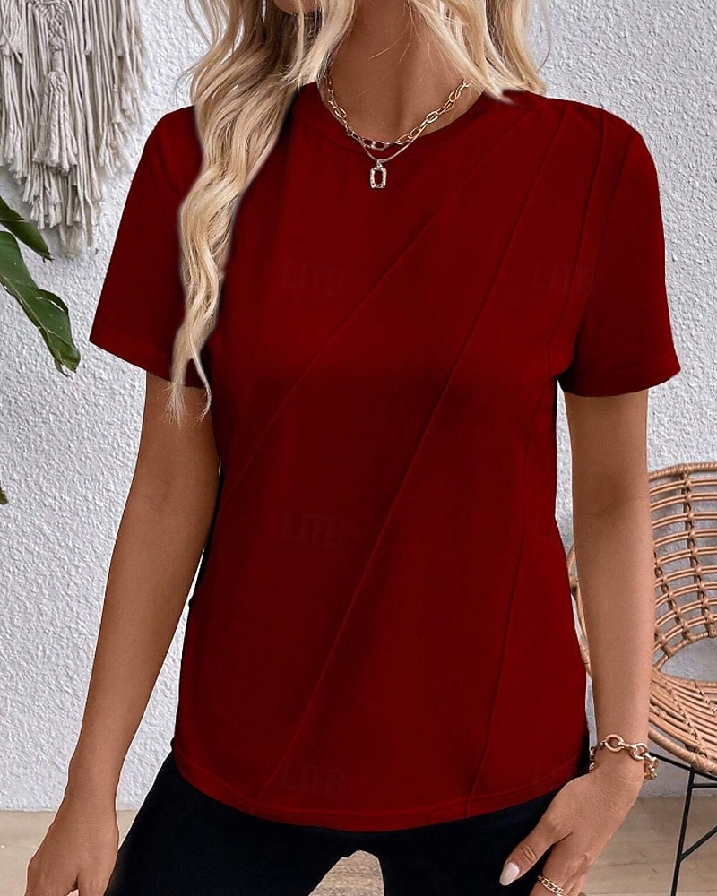 Femmes T-shirt Rayé Classique Occasionnel Manche Courte Col ras du cou Hauts Réguliers Quotidien Sortir Week-end Jaune Vin Vert Gris Été Printemps de 2026 ? $25.99 –P9