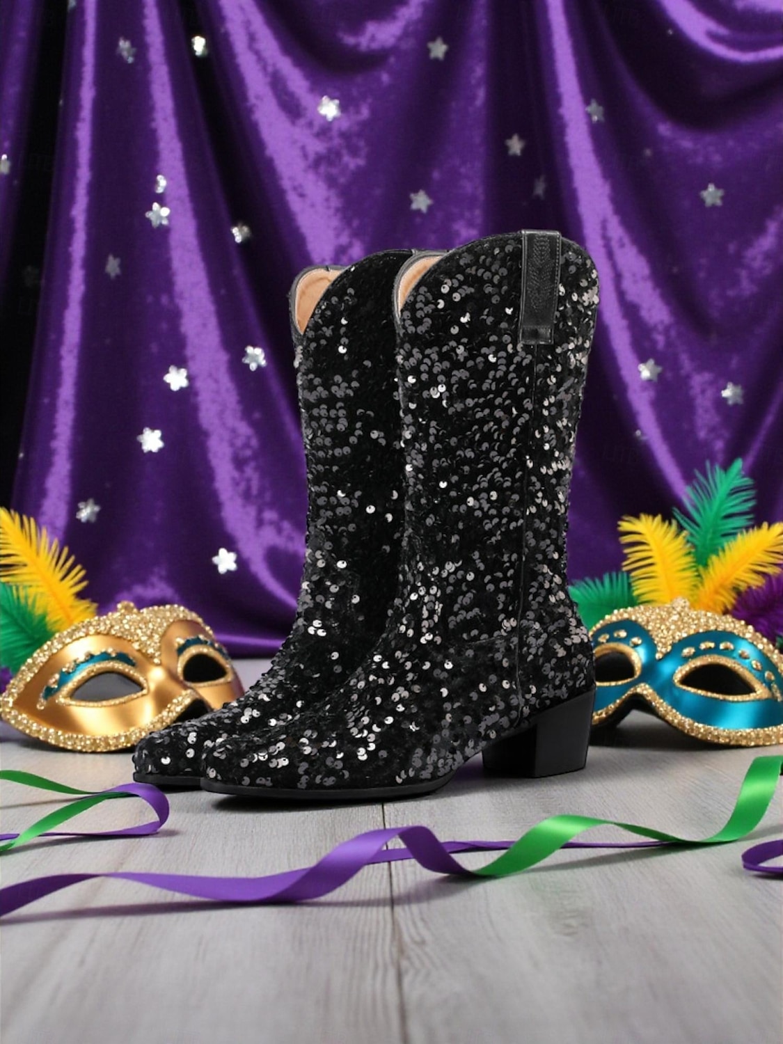 Stivali western in paillettes viola da donna per il Mardi Gras con tacco a blocco design luccicante perfetti per Carnevale feste e abbigliamento da festival del 2026 a $79.99 –P5