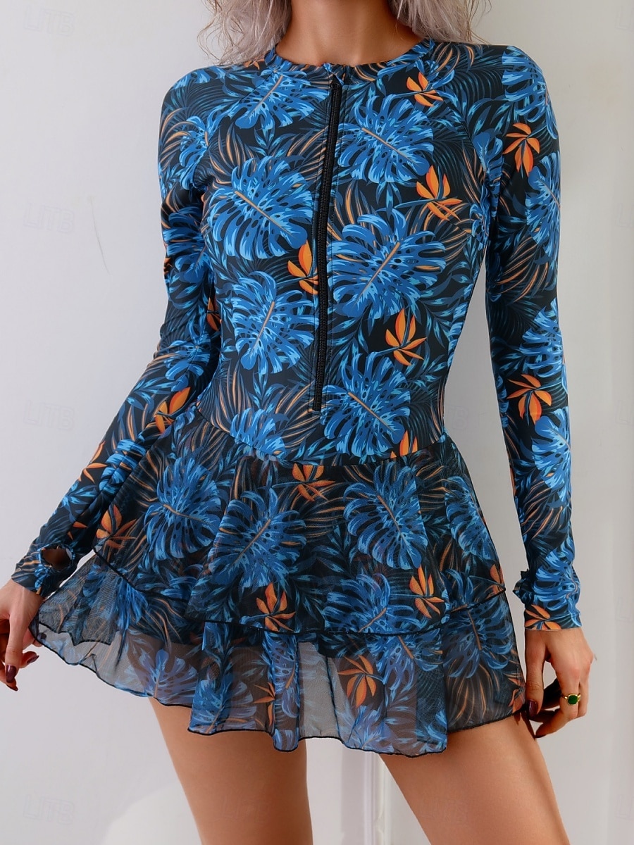 Dam Badkläder Tankini 2 st Kjol Baddräkt Magkontroll Hög midja Smal Elegant Semester Blommig Rund hals Långärmad Baddräkter 2026 - $36.99 –P4