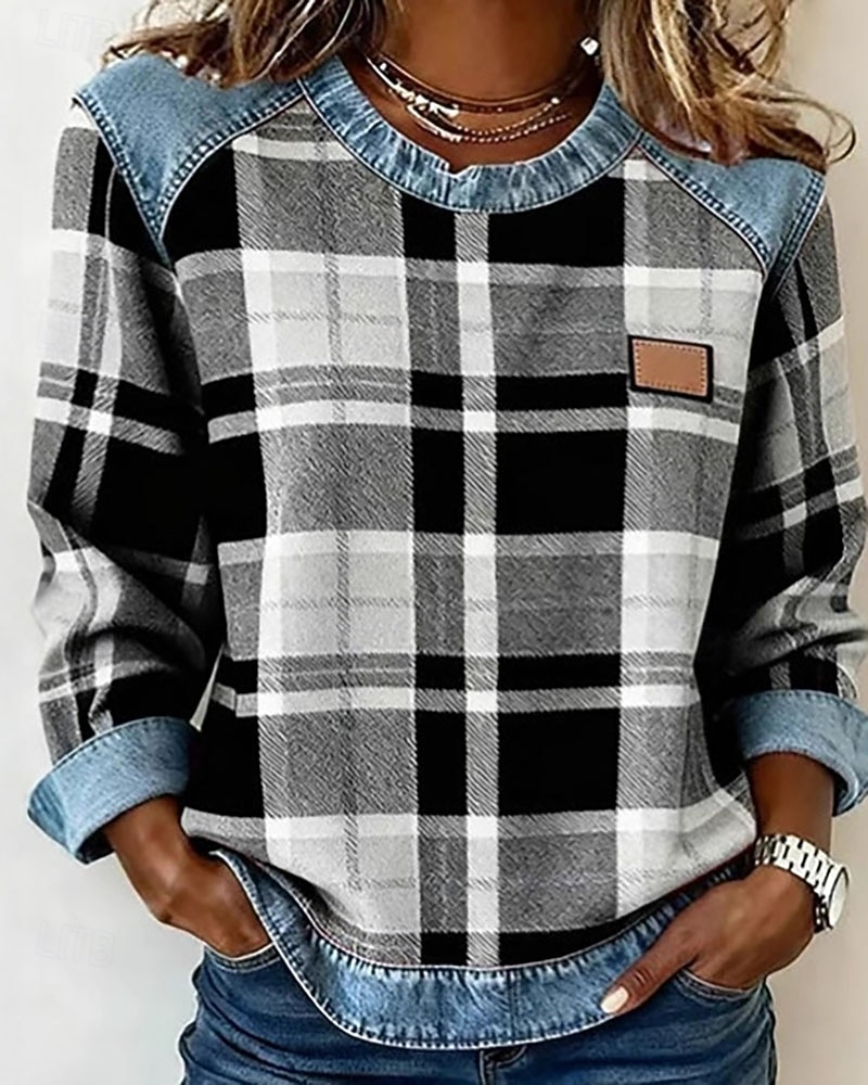 Dames Blouse Lapwerk Ruitjes Kleurenblok Elegant Vintage Stijlvol Lange mouw Strakke ronde hals Normale tops Dagelijks Feestdagen Uitgaan blauw Zwart Groen Rood / blauw Rose Roze Lente Herfst Winter 2026 - $43.99 –P2