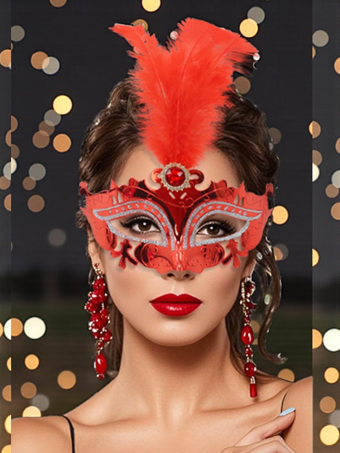 Maschera in maschera veneziana rossa con piume per donne - elegante accessorio da costume intagliato al laser per il festival di Venezia Mardi Gras cosplay e feste in maschera del 2026 a $11.99 –P2
