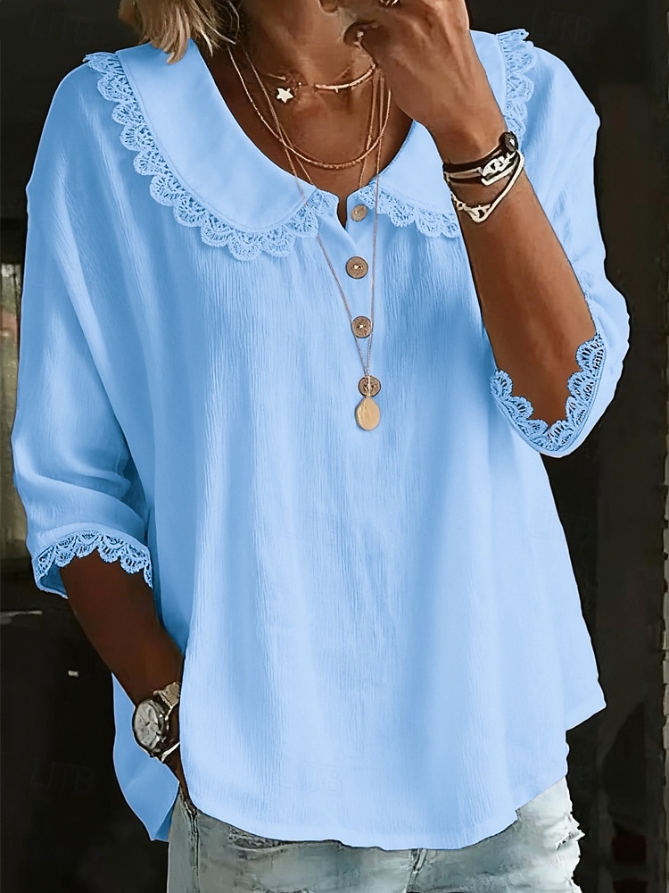 Per donna Camicia popover Camicia Estiva Camicia casual Blusa Bordo in pizzo Tinta unica Vacanza Elegante Casual Manica 3/4 Collo ripiegato Top Regolari Quotidiano All'aperto Ferie Blu Bianco Giallo del 2026 a $25.99 –P4