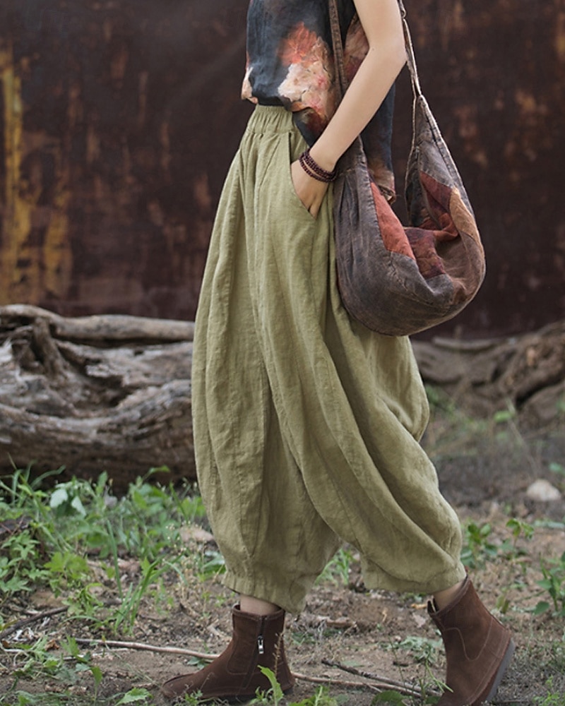 Pantaloni da donna in lino biologico con elastico in vita e tasche a lanterna del 2026 a $49.99 –P6