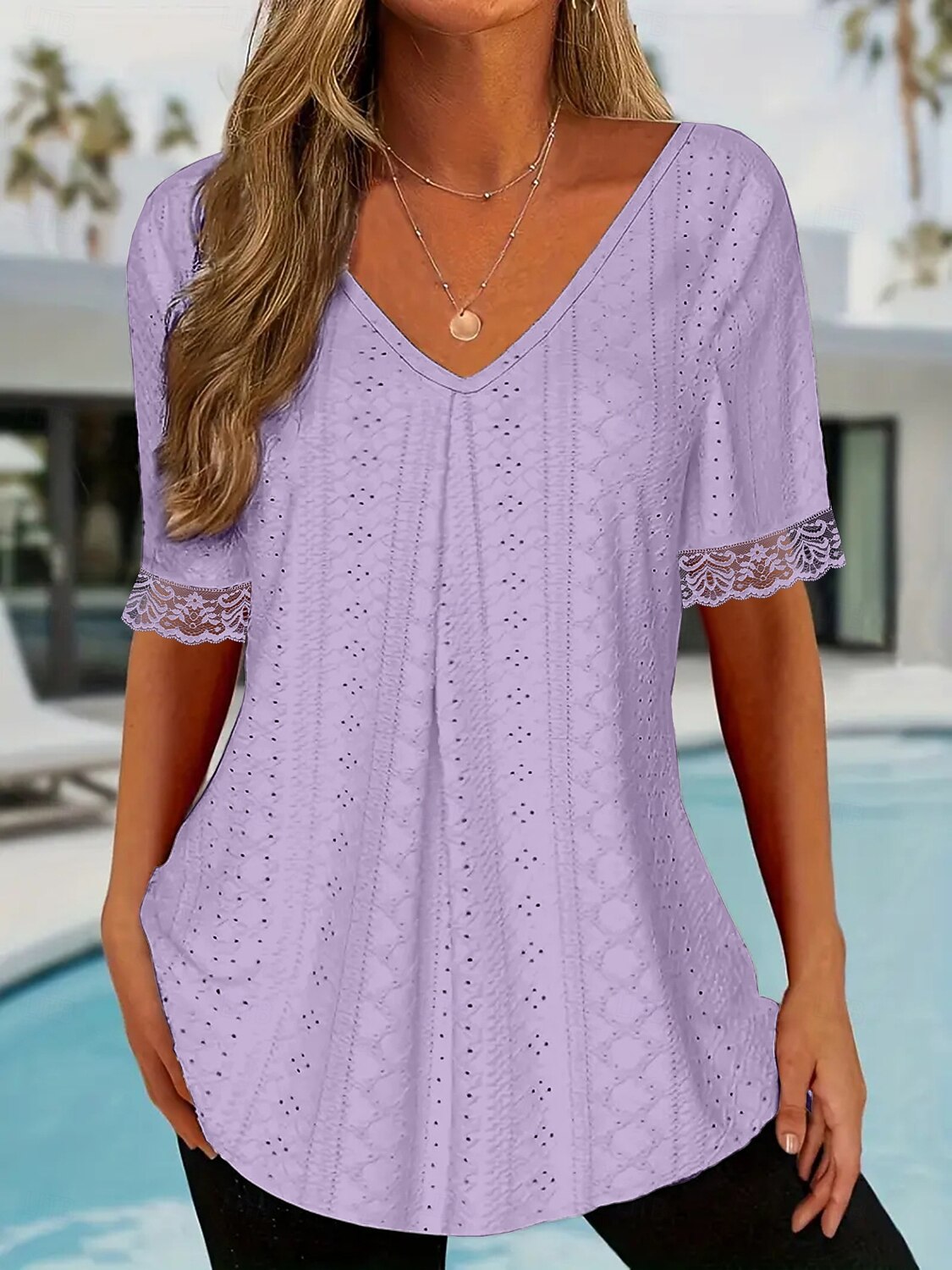 Women's T Shirt Lace Embroidered Plain Elegant Fashion Modern Short Sleeve V Neck Regular Tops Daily Weekend Blue Pink Purple Summer Spring 2026 - $21.99 –P4