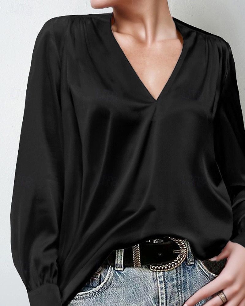 Women's Shirt Elegant Satin Top Blouse Ruched Plain Vintage Stylish Long Sleeve V Neck Regular Tops Holiday Going out Black White Wine Apricot Summer Spring 2026 - E£1572.44 –P8