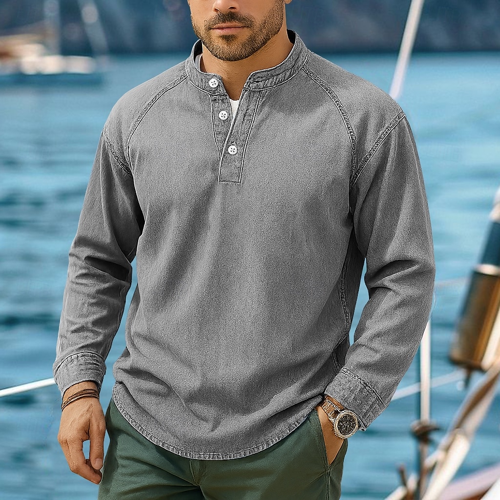 SoftFade™ Men's T Shirt Henley Shirt 100% Cotton Acid Wash Shirt Tee Top Long Sleeve Henley Spring Fall Plain Vintage Streetwear Casual Garment Dyed Faded Washed Casual Home Street Black Blue 2026 - $31.99 –P8