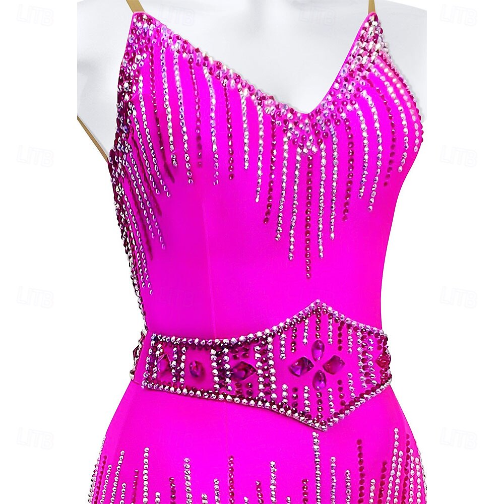 Женский комплект латиноамериканских танцев, ярко-розового цвета, с бахромой из стразов, лиф с пайетками, пояс с драгоценными камнями &манжеты, асимметричный бальный костюм 2026 - $255.89 –P2