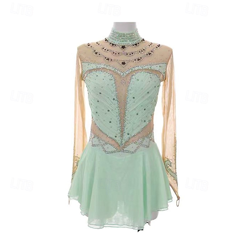 Kunstschaatsjurk Dames Voor meisjes Schaatsen Jurken Groen Lapwerk Duimopening Spandex Netstof Rekbaar Opleiding Oefenen Professioneel Kunstschaatskleding Thermisch Warm Kristal / Bergkristal Lange 2026 - $344.29 –P1