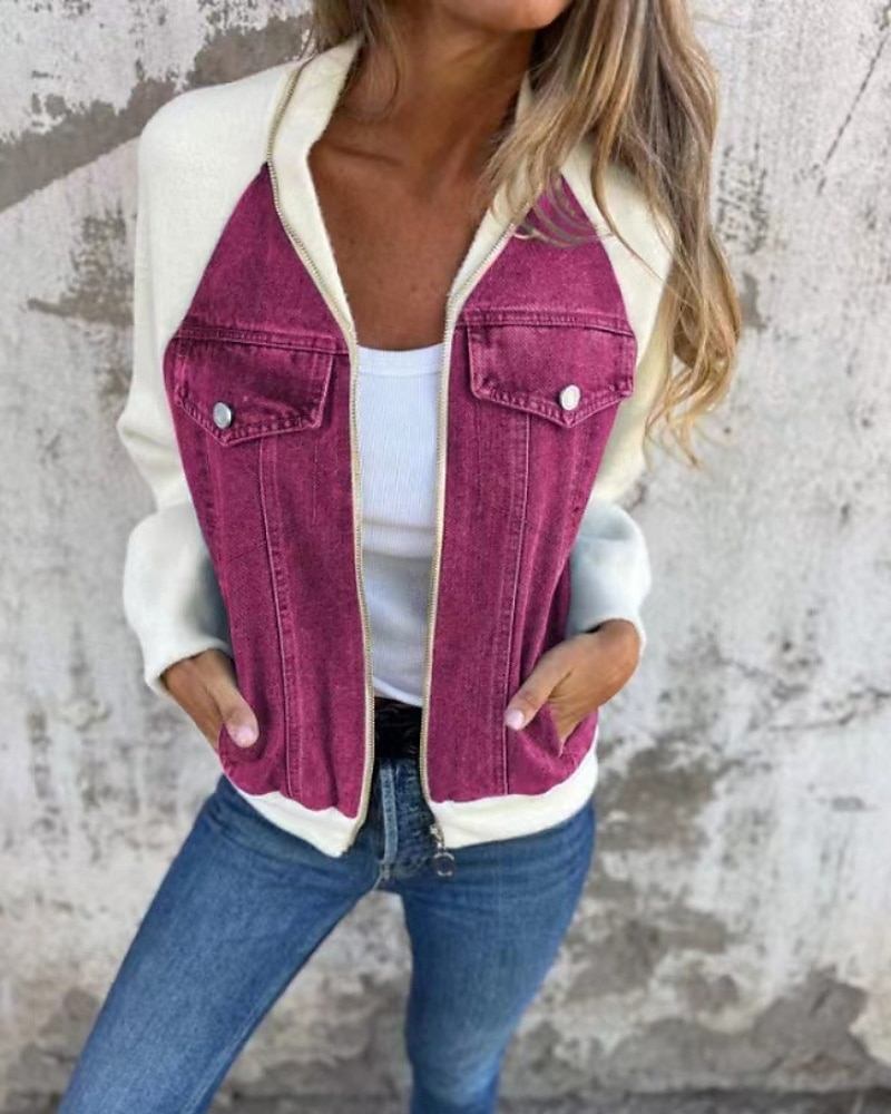 Women's Casual Jacket Denim Jacket Warm Comfortable Zipper Pocket Retro Casual Color Block Vacation Home Daily Wear Going out Regular Stand Collar Regular Fit Long Sleeve Outerwear Blue Black White 2026 - $37.99 –P5