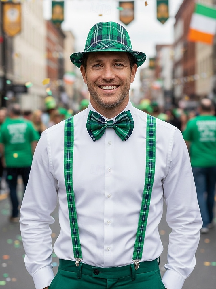 Conjunto de accesorios para disfraz de San Patricio para hombre: sombrero, pajarita y tirantes a cuadros verdes, poliéster con múltiples estampados, ideal para desfiles y fiestas irlandesas. 2026 - $24.99 –P2
