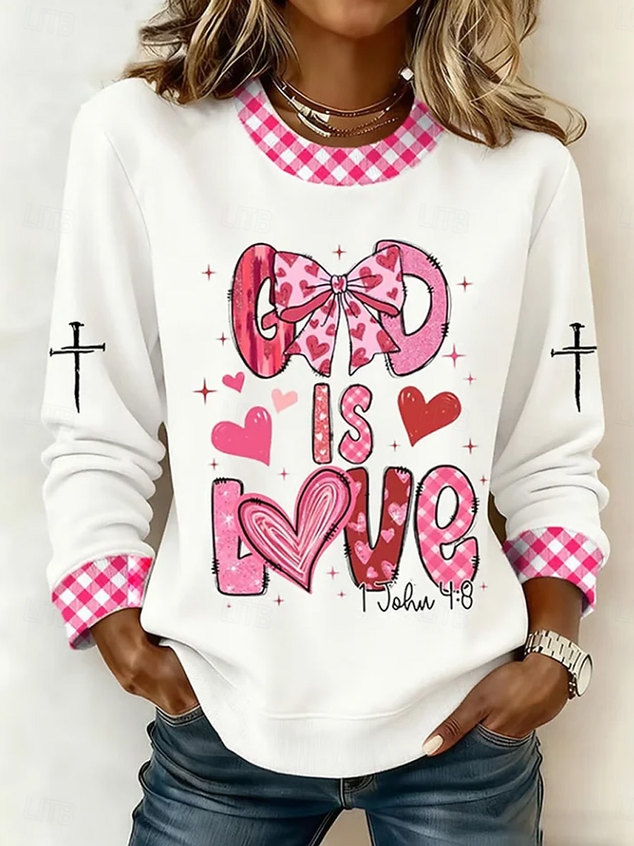 Mulheres Moletons Imprimir Coração Gráfico Moda Casual Manga Longa Gola Redonda Tops regulares Rua Dia a Dia Branco Rosa Bege Primavera Outono Faith de 2026 por $29.99 –P2