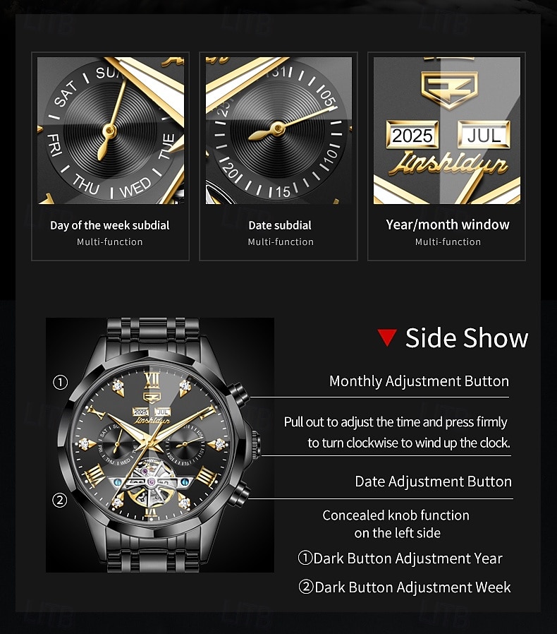 Часы OLEVS для мужчин автоматические кожаный ремешок календарь циферблат-скелетон классические водонепроницаемые часы Moonwatch 7009 2026 - $115.99 –P11