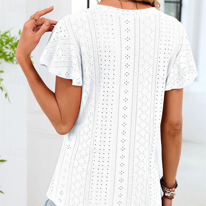 Pentru femei Cămașă Tricou Bufantă Peteci Capsă Culoare solidă Elegant Modă Clasic Manșon scurt În V Topuri obișnuite Zilnic Ieșire Sfârșit de săptămână Negru Alb Roz Îmbujorat Trifoi Vară Primăvară 2026 - $19.99 –P4
