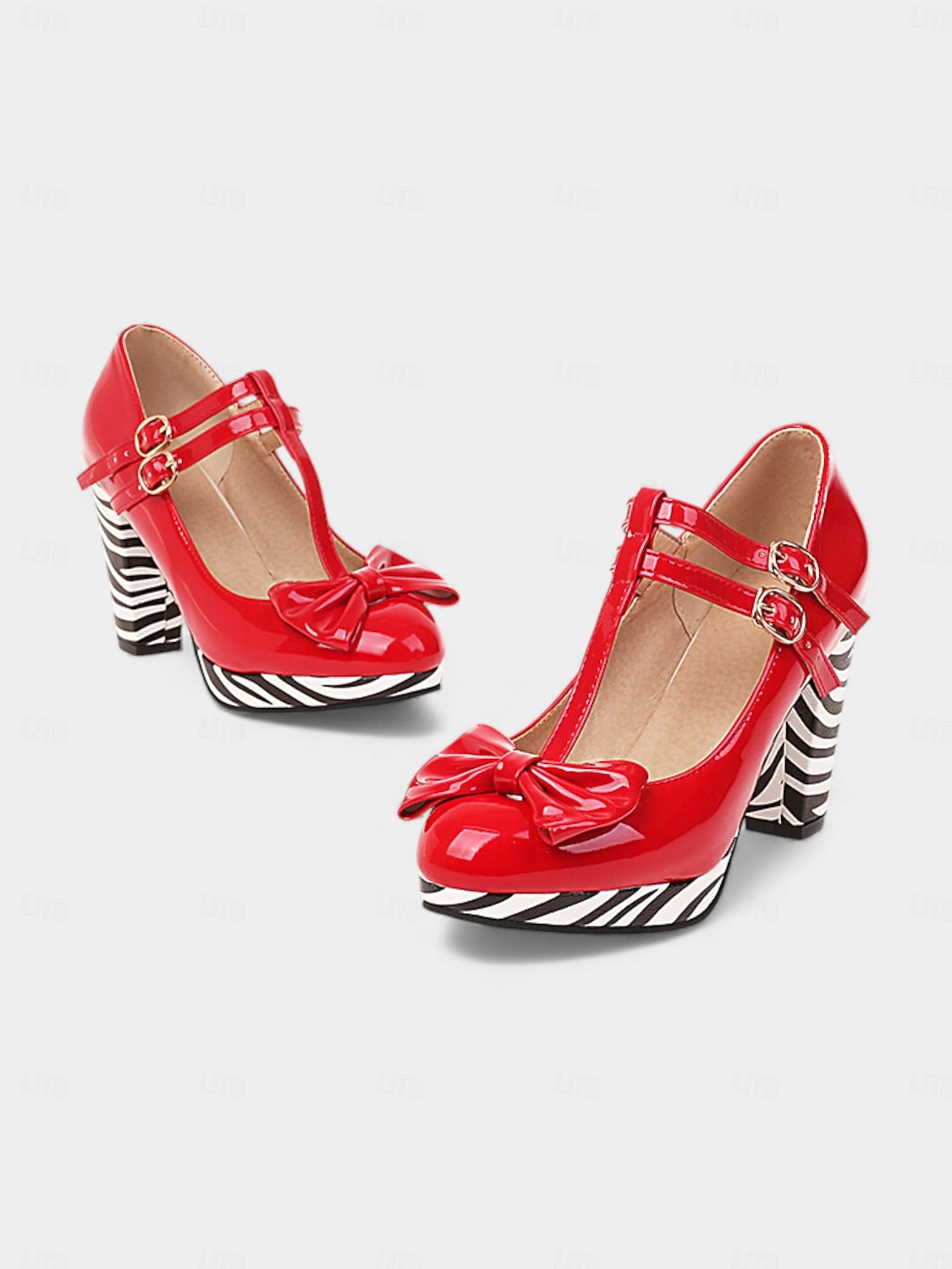 Sapatos Elegantes de Salto Chunky com Fivela em Laço de Carnaval Diário Femininos de Mardi Gras em Preto Branco e Amarelo com Bico Redondo de 2026 por $59.99 –P4