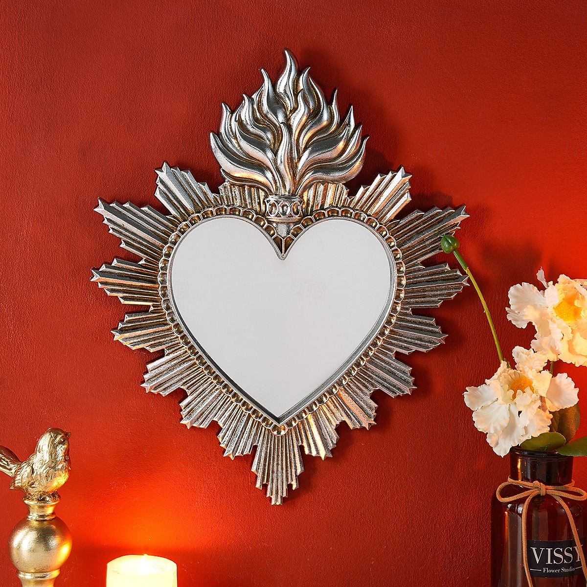 Wanddekor-Spiegel mit flammendem Herzmotiv, handgefertigter Hängeschmuck in Form eines flammenden Herzens, Wandkunst im europäischen Stil für Wohnzimmer, Schlafzimmer, Arbeitszimmer, religiöse 2026 - $33.99 –P9