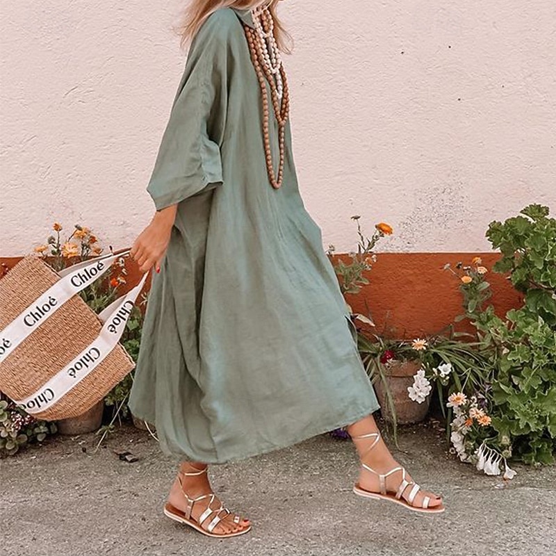 Női Midi ruha Műpamut ágynemű Kaftán Modern Napi Szabadtéri Vakáció Laza öltözet Sima Hosszú ujj Állógallér Lóhere Nyár Tavasz 2026 - $28.99 –P4