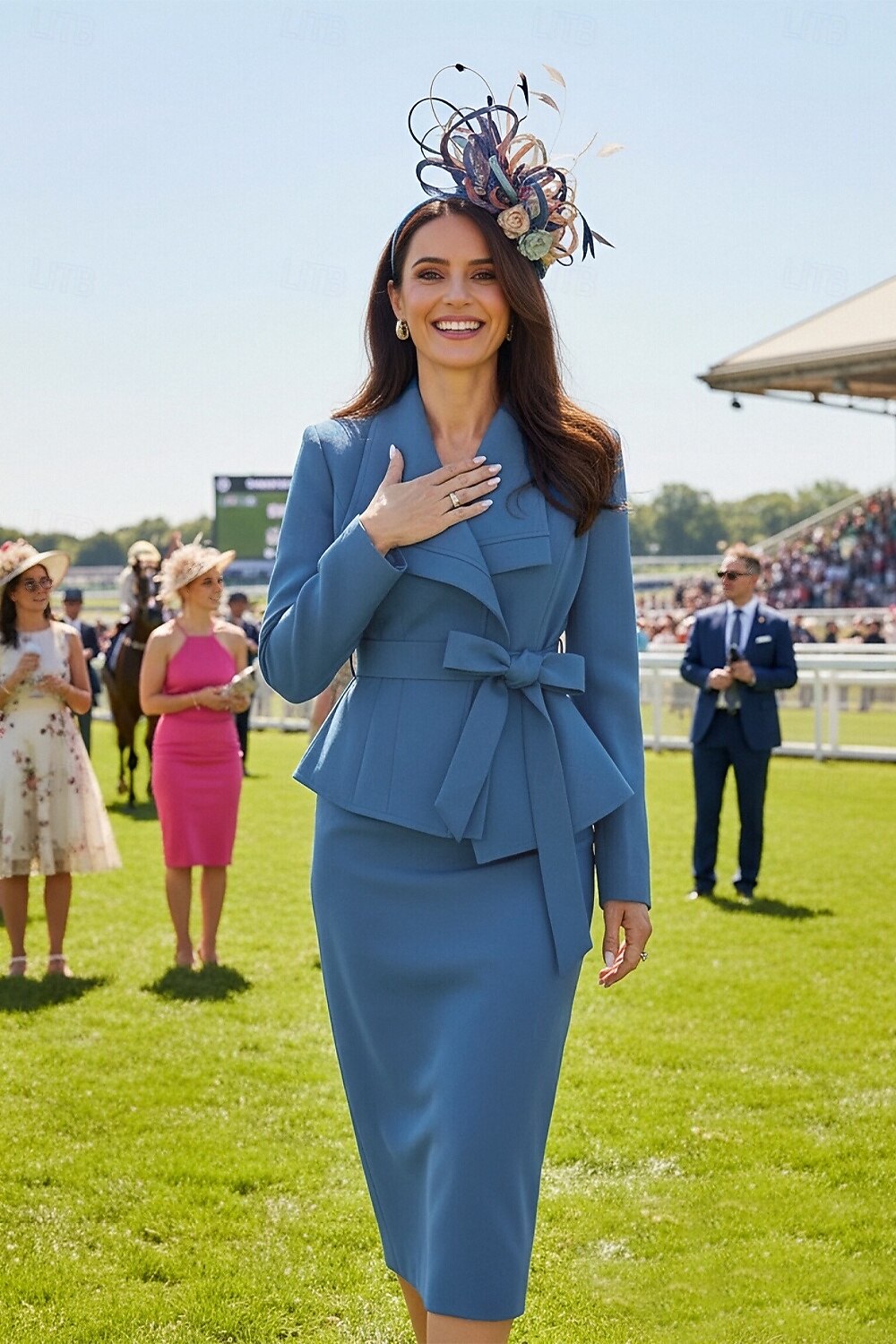 Tweedelig Strak kolom Jurken Over de knie Derby-jurk Moeder van de bruid jurk Lange mouw Overhemdkraag Elegant Kentucky Derby Stretch crêpe met Sjerp / Lint Strik(ken) 2026 - $183.99 –P1