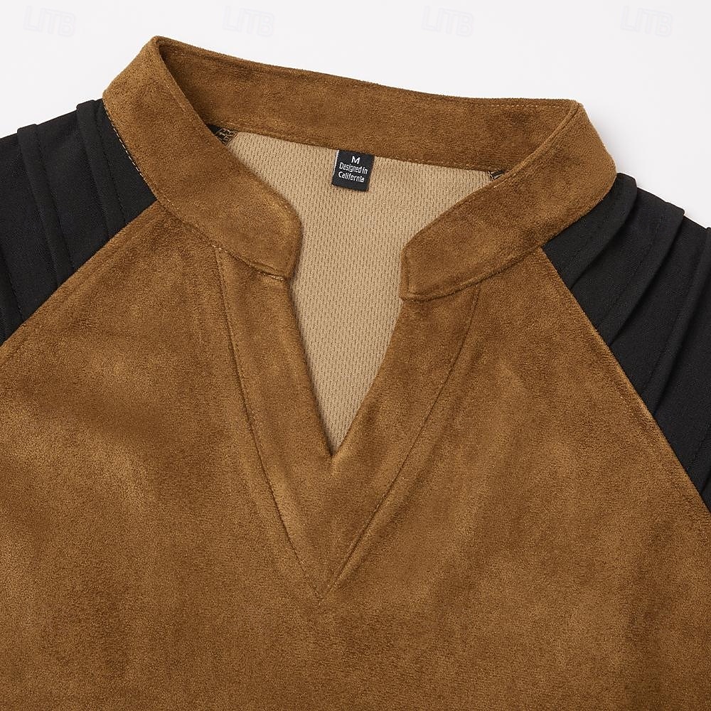 Pánské tričko s dlouhým rukávem z imitace semiše, výstřih do V, vrásněný design, skladané topy, podzim/zima, barevné bloky, vintage, denní, retro, nabírané, barevné bloky, outdoor, street, ležérní, modrá, hnědá, khaki 2026 - $29.99 –P11