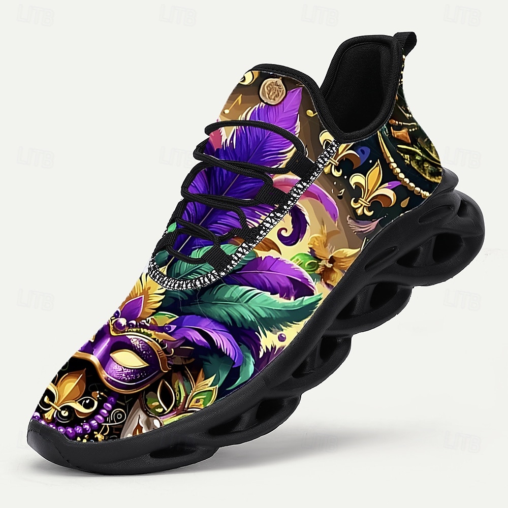 Men's Mardi Gras Purple and Green Carnival Slip-On Shoes with Feather Mask Pattern – Comfortable and Stylish Footwear for Carnival, Parades and Festivals 2026 - $42.99 –P2
