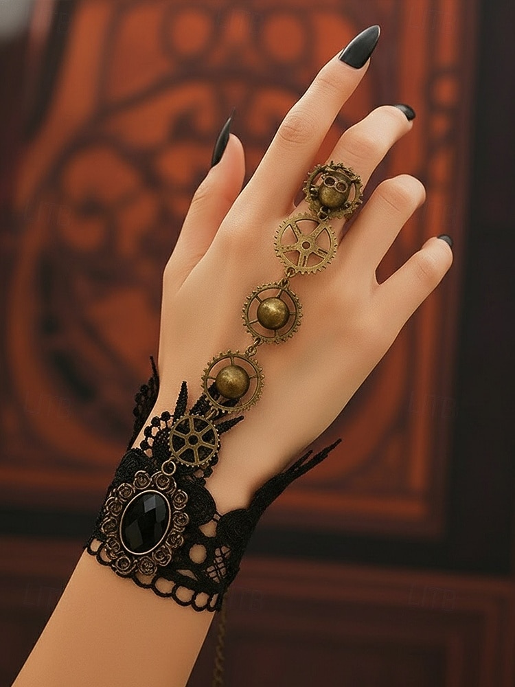 2026年 ウィメンズ マルディグラ ブラック レース スチームパンク チョーカーネックレスとブレスレットセット - ゴシックコスプレ、カーニバル、ハロウィンコスチューム用の合金ギアと時計ペンダント  コレクション – $18.99 –P6
