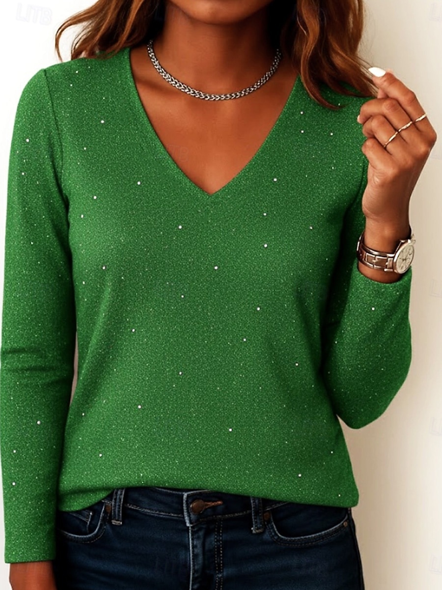 Navidad Mujer Blusa Lentejuelas Color sólido Elegante Básico Casual Manga Larga Escote en Pico Tops regulares Diario Plata Negro Rojo Verde Trébol Primavera Otoño Invierno 2026 - $28.99 –P2