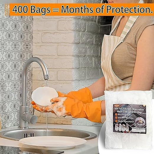400 stk. engangsposer til vasken, ultrafine elastiske nettingmatoppsamlere for kjøkkenavløp, anti-tilstoppingsfilternett for rester og hår &Universal passform for avfallsfiltre til vasken 2026 - $10.99 –P3