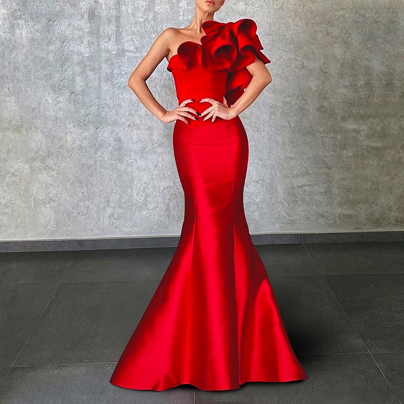 Meerjungfrauenschnitt Bodenlang Abiballkleider Abendkleid Ballkleid Festliche Kleidung Korsetts Sexy Ärmellos Ein-Schulter Formell Hochzeitsgast Taft mit Rüschen Schulterblume 2026 - $172.99 –P5