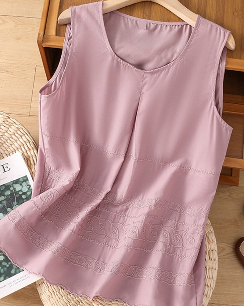 Жен. Летние вершины Блуза Искусственный хлопок и лен Рюши Пэчворк Вышивка Сплошной цвет Элегантный стиль Дамы Стиль Без рукавов U-образный вырез Обычные топы Повседневные Офис На выход 2026 - $21.99 –P4