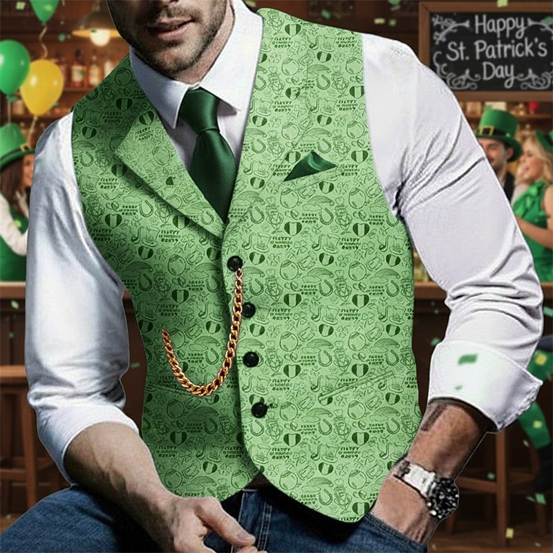 Муж. Жилет на открытом воздухе День Святого Патрика Мода Уличный стиль Весна Осень Пуговицы Хлопок Воздухопроницаемость Мода Графика Трилистник Однобортный крой Отложной Стандартный Зеленый Жилет 2026 - $36.99 –P1
