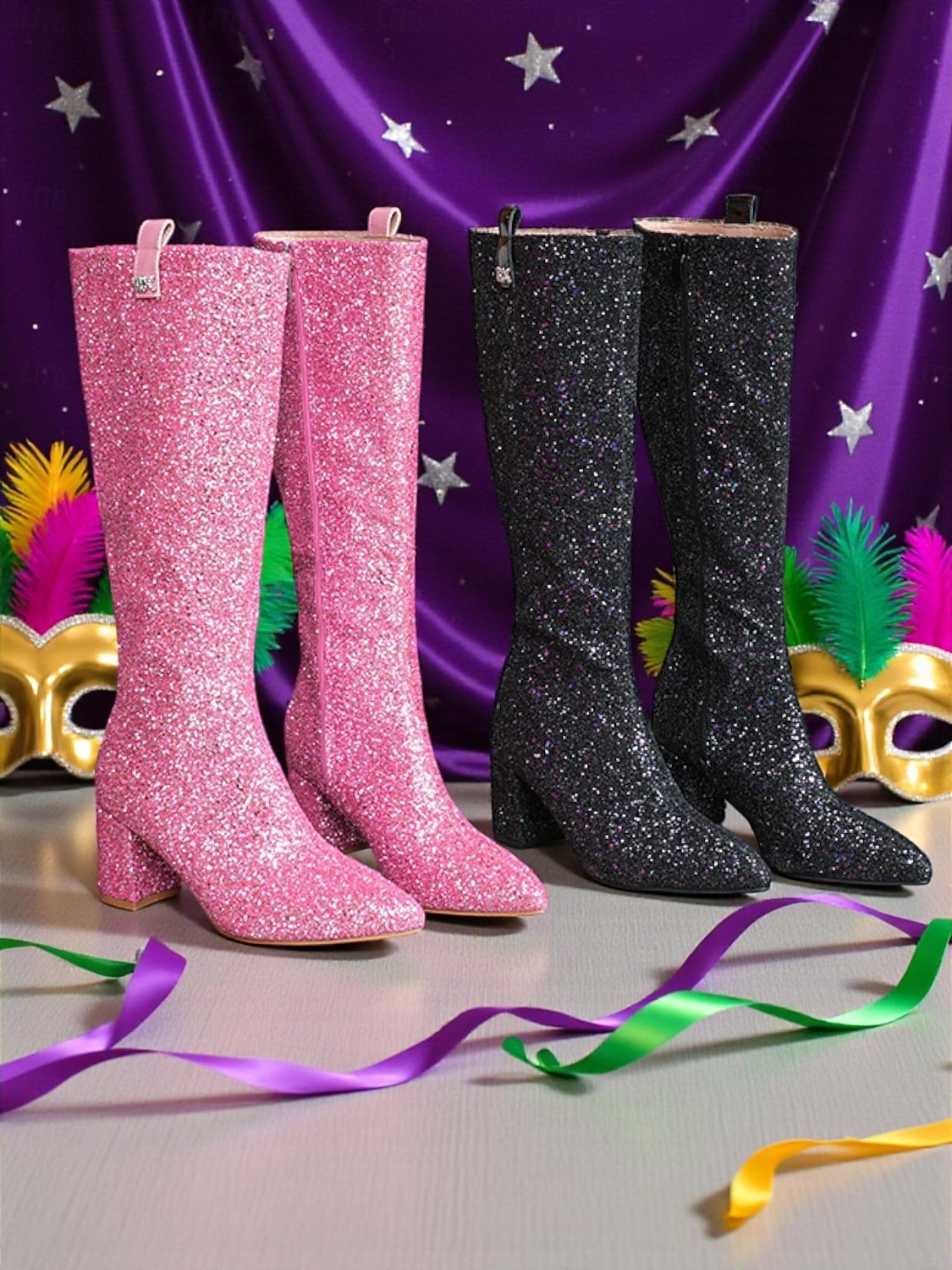Kobiece różowe buty na kolano z brokatem i szerokimi obcasami – Iskrzące odważne oświadczenie mody idealne na karnawał festiwale i imprezy kostiumowe 2026 - $69.99 –P6