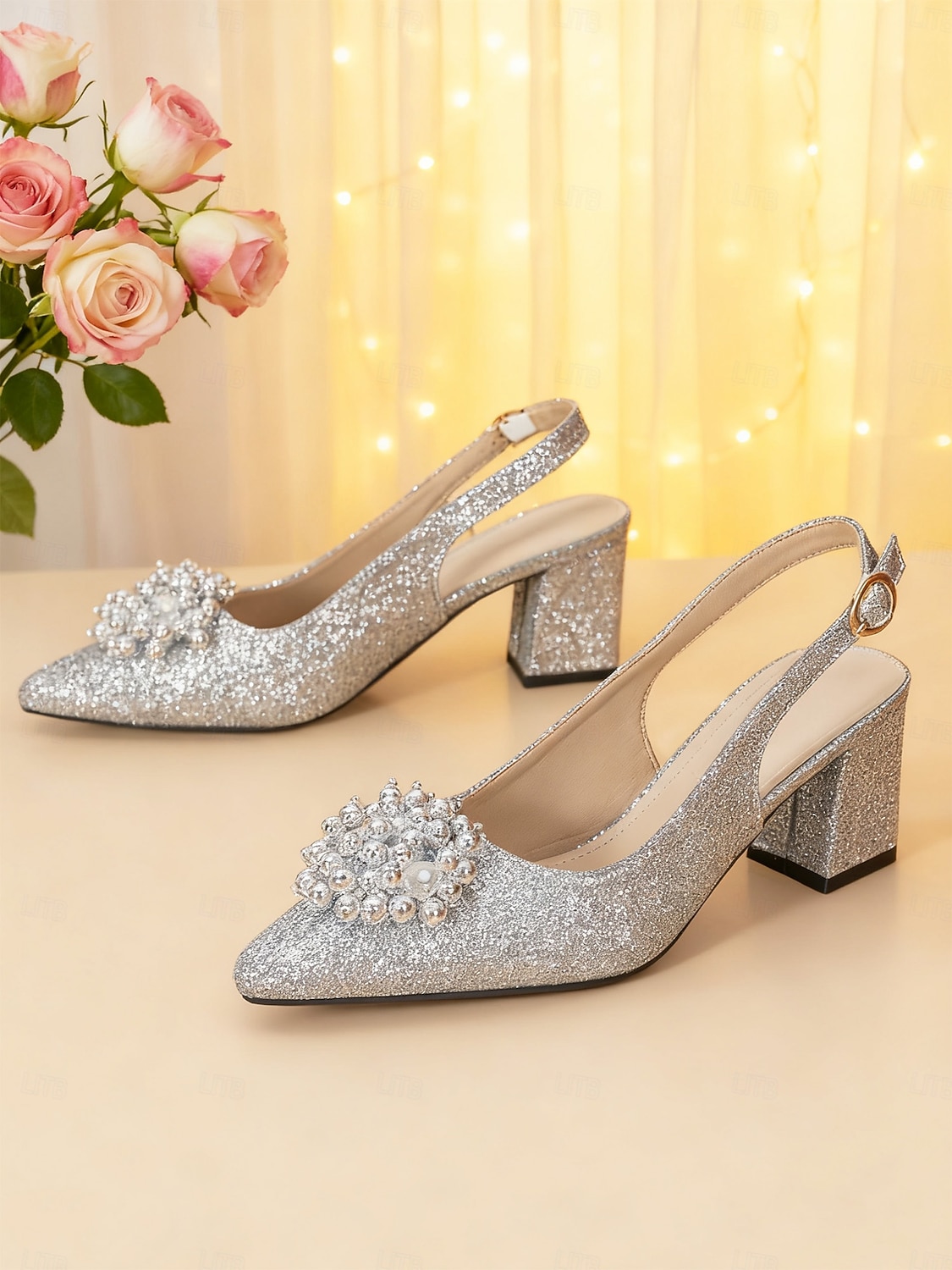γυναικείες γόβες με λαμπερά τακούνια και slingback - γκλίτερ με μυτερή μύτη και πέρλες &κρυστάλλινα διακοσμητικά, κομψό και άνετο στυλ για μητέρες που παρευρίσκονται σε γάμους σε εσωτερικούς χώρους 2026 - $46.99 –P3