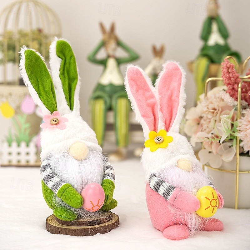 Set van 2 paasdecoraties: roze oortjes, geruite konijntjes, kabouters en elfjes, poppetjes voor Pasen, huisdecoratie, lentedecoratie, schattige beeldjes voor in de woonkamer. 2026 - $12.99 –P2