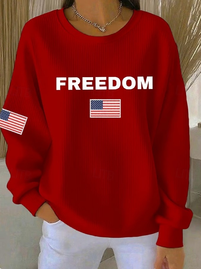 Uavhengighetsdag Patriotisk Kvinners Textured Pullover Sweatshirt Pullover Grafisk Casual Lang Erme Crew Hals Rund Hals Vanlige Topper Casual Hjem Gate Blå Svart Hvit Rød Vår Høst 2026 - $29.99 –P3