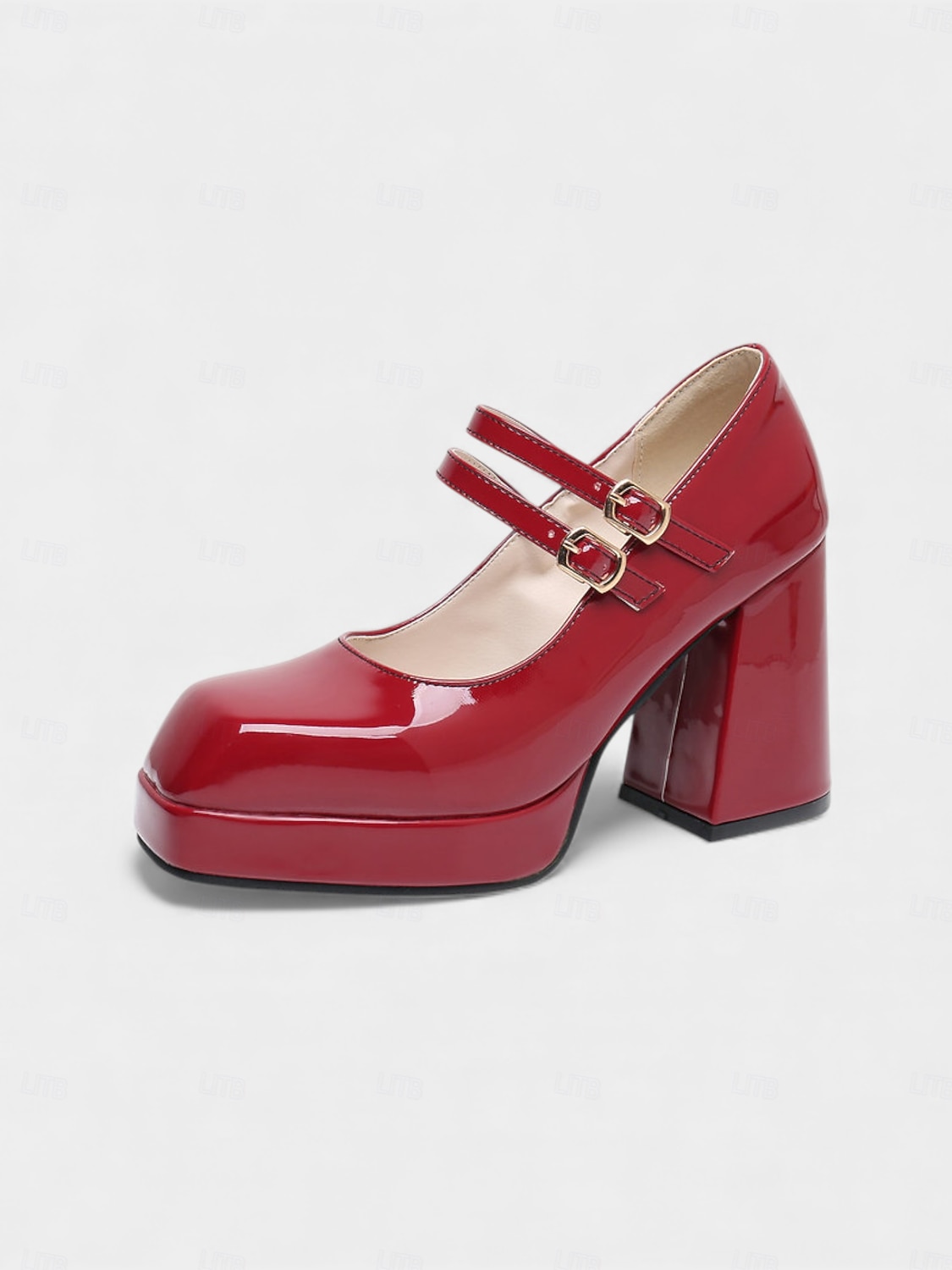 2026年 女性用マルディグラ赤のパテントフェイクレザープラットフォームヒールにダブルバックルのメリージェーンシューズ - カーニバル、パレード、フェスティバルのお祝いに最適  コレクション – $59.99 –P2