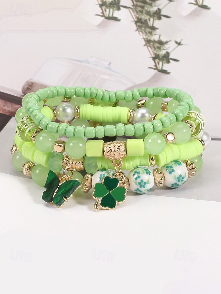 Conjunto de pulseiras femininas para o Dia de São Patrício, pulseiras empilháveis de várias voltas com contas verdes, estilo trevo da sorte, materiais de liga metálica e cristais sintéticos, joias festivas irlandesas para mulheres. de 2026 por $9.99 –P9