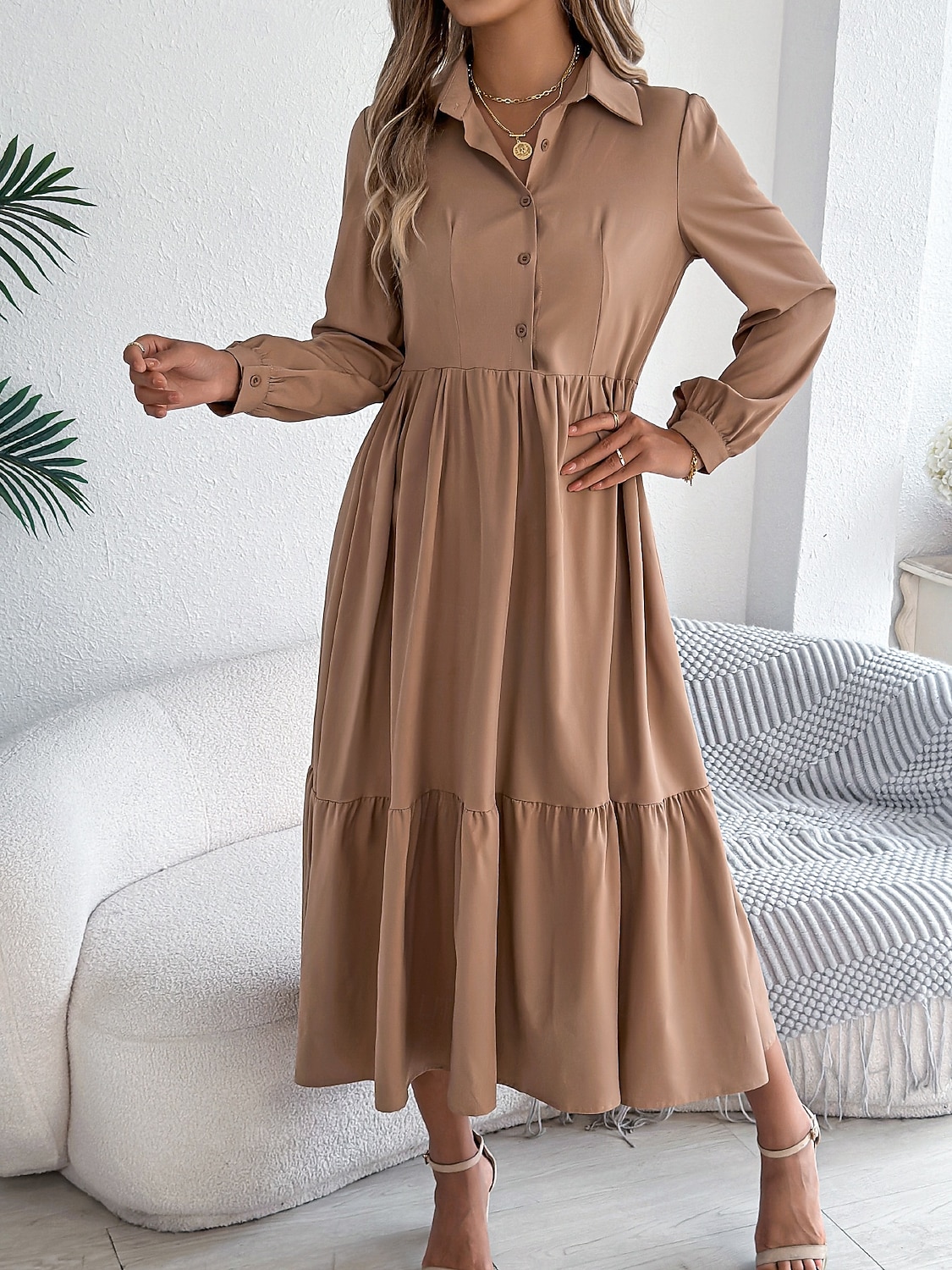 Women's Midi Dress A Line Dress Casual Daily Regular Fit Plain Long Sleeve Lapel Blue Navy Wine Green Spring 2026 - $36.99 –P11
