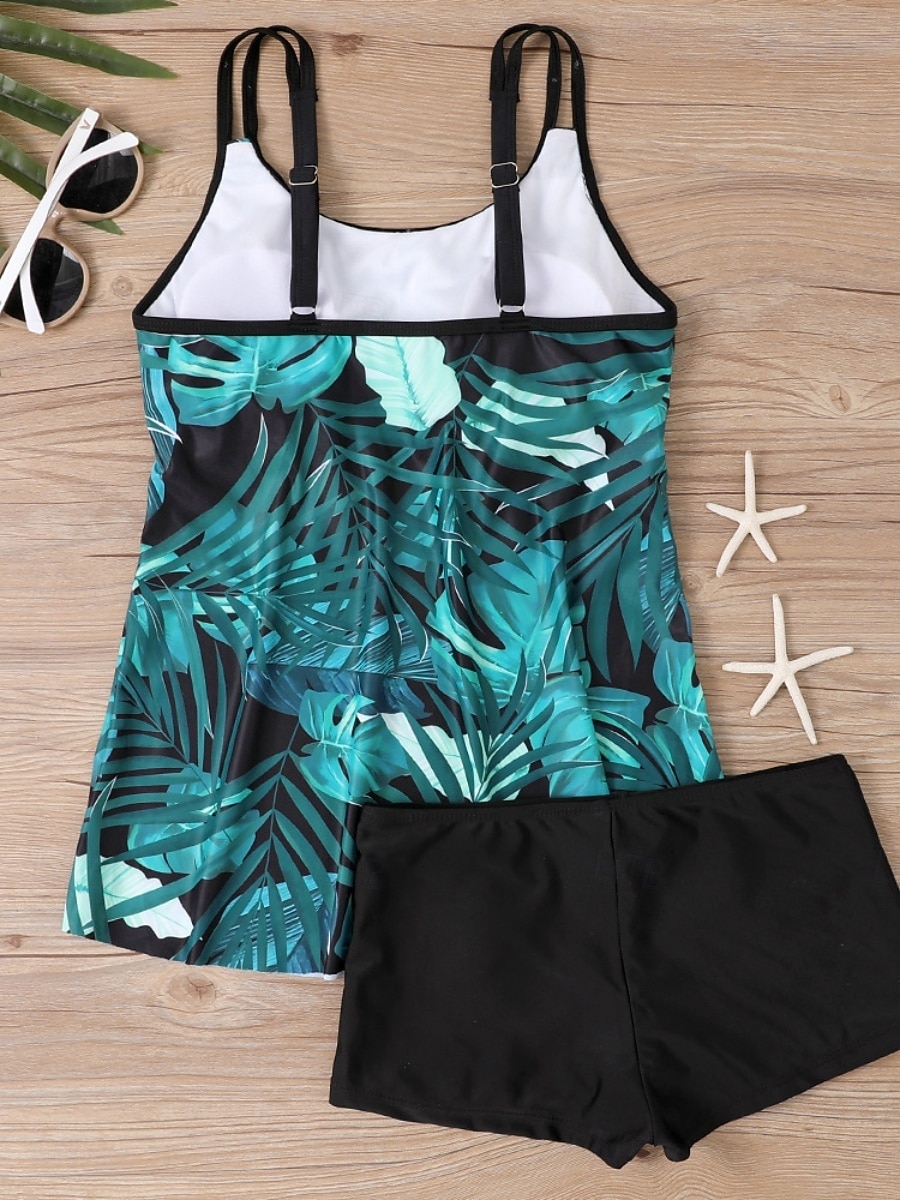 Maillot de bain tankini 2 pièces femme palmiers short contrôle du ventre taille haute slim dos nu vacances plage dégradé géométrique col en U sans manches de 2026 ? $33.99 –P13