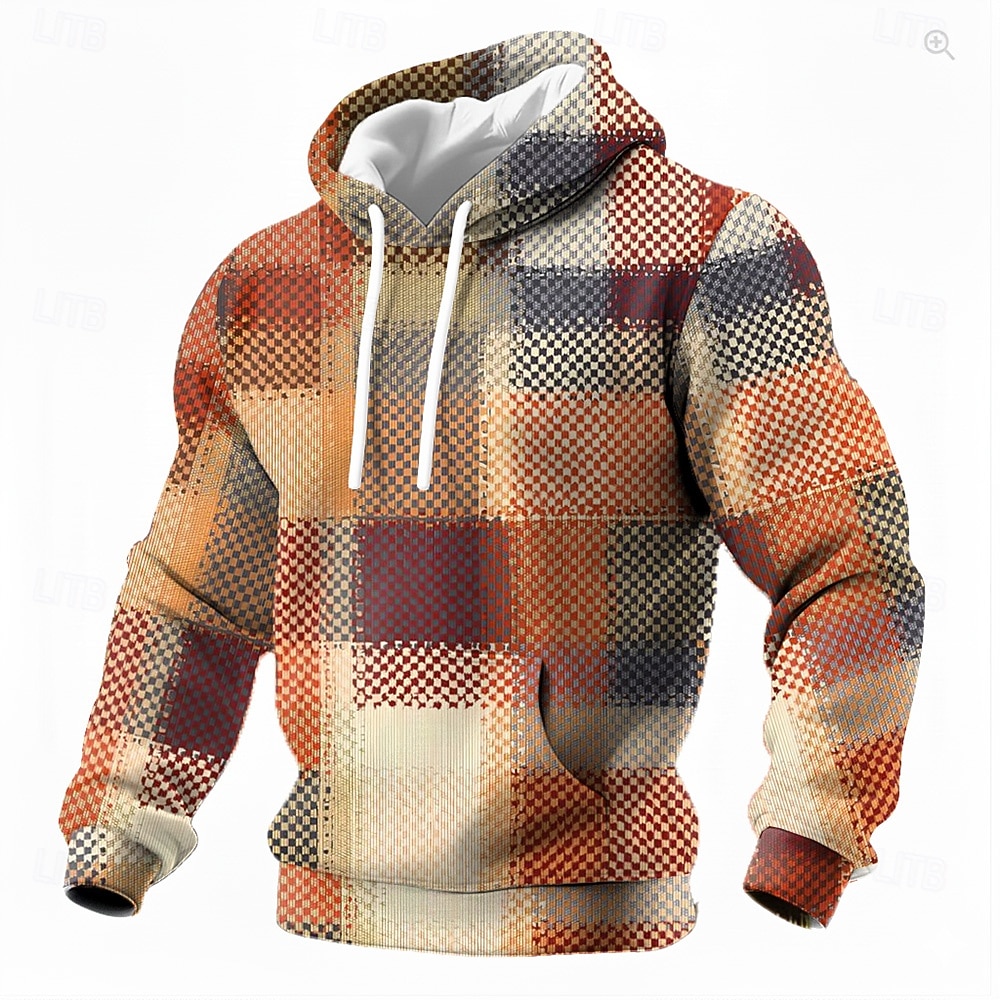 Per uomo Geometrico Plaid Felpa con Cappuccio Felpa Vintage Retrò Manica Lunga Girocollo All'aperto Abbigliamento casual alla moda Giallo Marrone Coulisse Autunno Inverno progettista S M L XL XXL XXXL del 2026 a $26.99 –P1