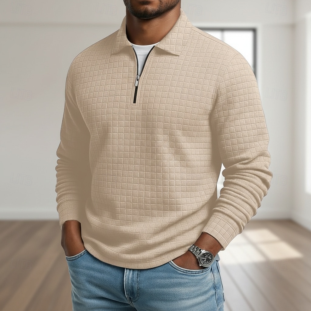Homens Camisas Polo Waffle Textura Casual Ao ar livre Com Zíper Quarter Zip Manga Longa Moda Moderno Côr Sólida Textura Zip Up Primavera & Outono Todas as Estações Normal Preto Branco Vinho Azul de 2026 por $18.99 –P1
