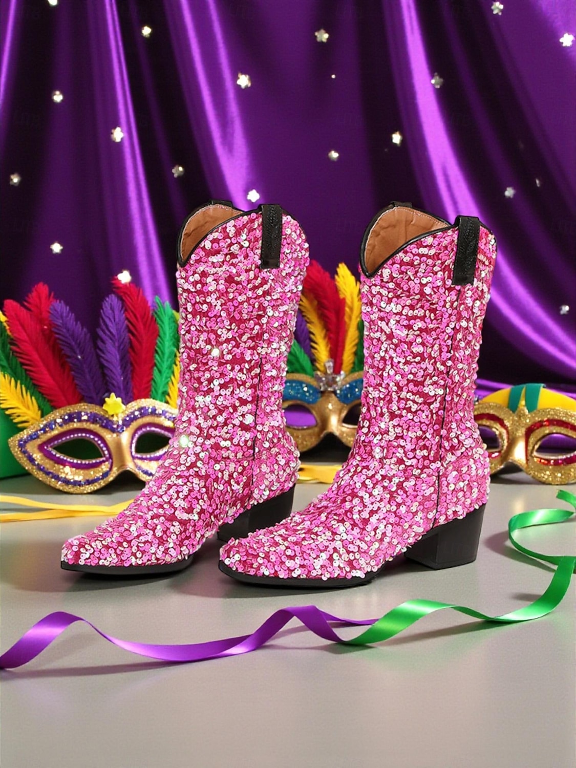 Stivali western in paillettes viola da donna per il Mardi Gras con tacco a blocco design luccicante perfetti per Carnevale feste e abbigliamento da festival del 2026 a $79.99 –P2