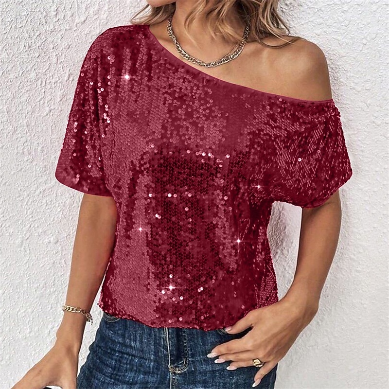 Damen Sommeroberteile Bluse Elegante Oberteile Pailletten-Oberteile Gerafft Pailletten Patchwork Einfarbig Einfach Elegant Vintage Damen Kurzarm Schulterfrei Normale Oberteile Täglich Arbeit Ausgehen 2026 - $11.49 –P9