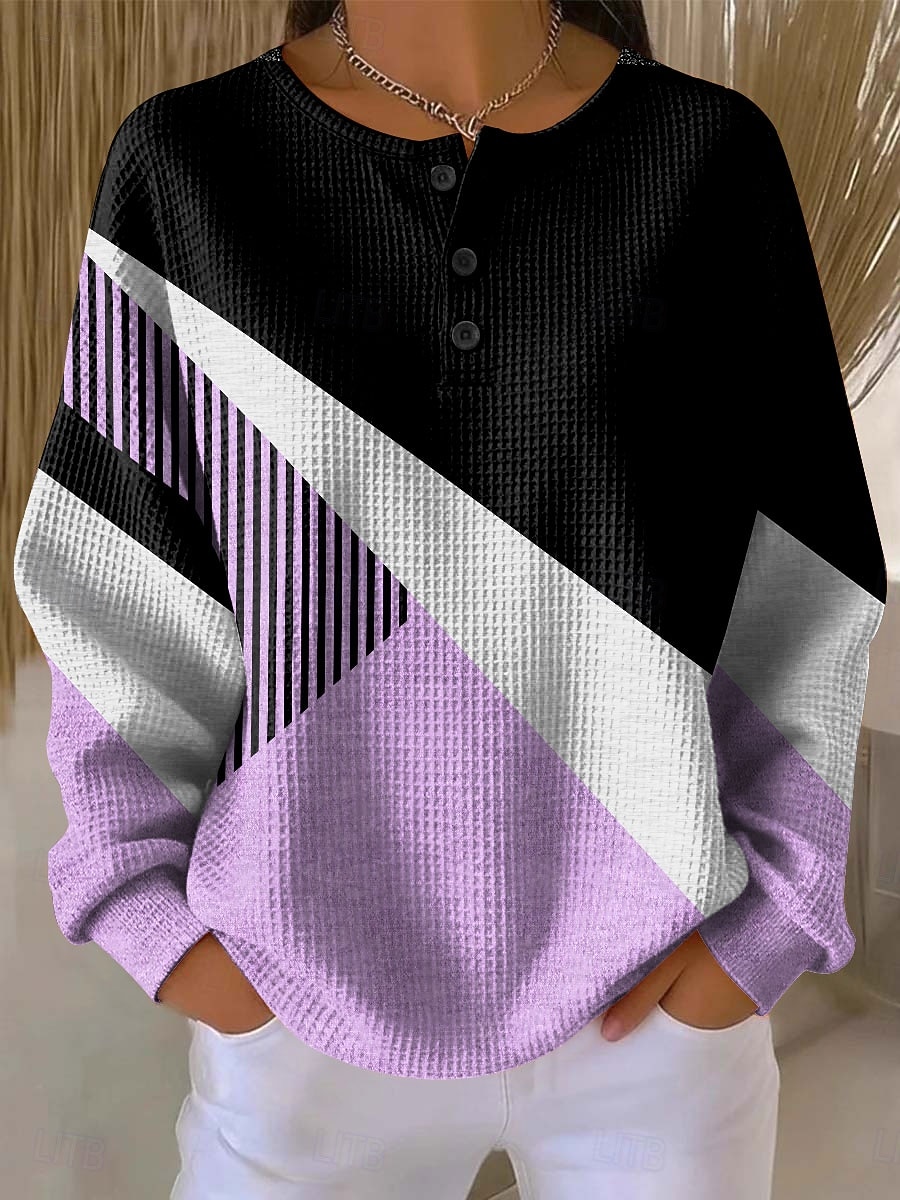 Per donna Felpe con cappuccio Bottoni Grafico Geometrico Blocco di colori Moda Casual Stampa Manica Lunga Girocollo Top Regolari Casuale Streetwear Blu Viola Verde Kaki Autunno Inverno del 2026 a $28.99 –P3