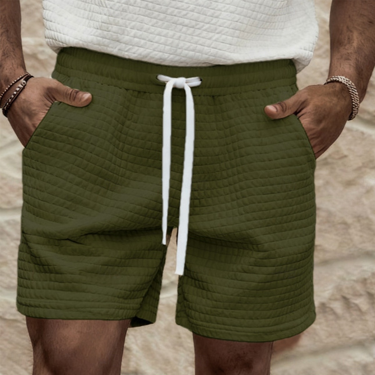 Herren Waffel Shorts Sommershorts Strandshorts Freizeitshorts Kordelzug Elastischer Bund Einfarbig Komfort Knielang Täglich Outdoor Streetwear Urlaub Mode Schwarz Weiß Mikroelastisch 2026 - $18.99 –P7