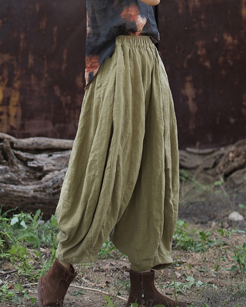 Pantaloni da donna in lino biologico con elastico in vita e tasche a lanterna del 2026 a $49.99 –P4