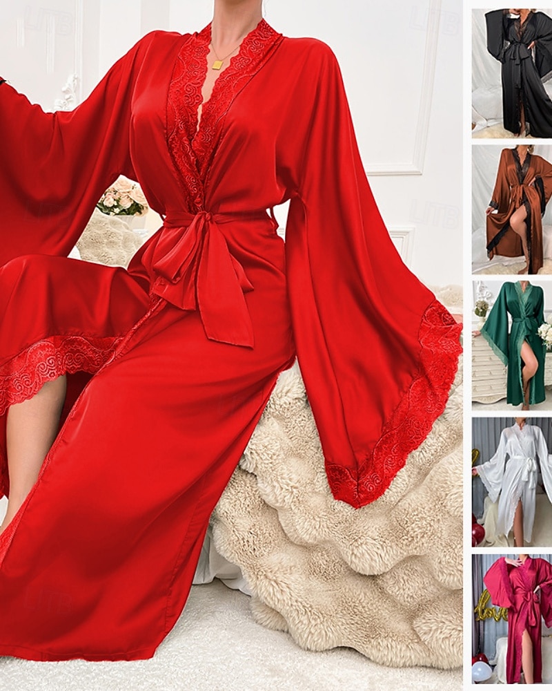 Γυναικεία Ρόμπα Καθημερινό Μαλακή Σατέν Μονόχρωμες Δαντέλα Παντελόνι Καθημερινά Σπίτι Κρεβάτι Μακρυμάνικο Λαιμόκοψη V Μαύρο Λευκό Κρασί Ρουμπίνι Καφέ Καλοκαίρι Άνοιξη Κανονικό 2026 - $39.99 –P1