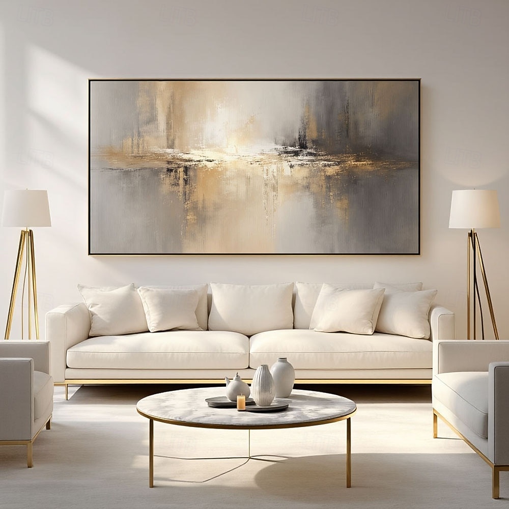 Pintura abstrata dourada de um lago, pintada à mão sobre tela, paisagem metálica moderna com textura, arte de parede para sala de estar em tons neutros de cinza e bege, decoração de luxo. de 2026 por $94.99 –P4