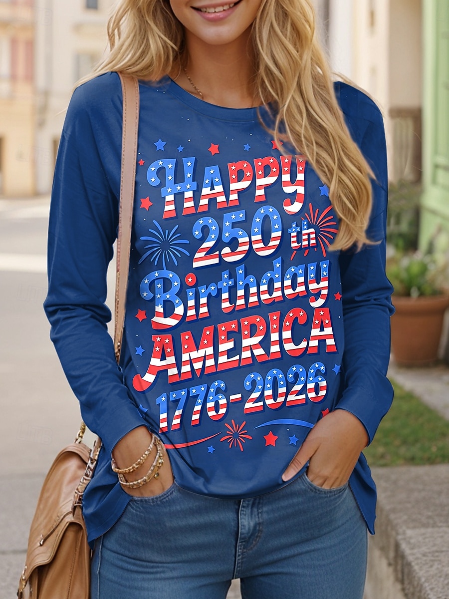 Koszulka patriotyczna damska z grafiką na Dzień Niepodległości Amerykański rocznicowy styl casual długi rękaw okrągły dekolt standardowe topy codzienny nadruk czarny wiosna jesień 2026 - $24.99 –P1