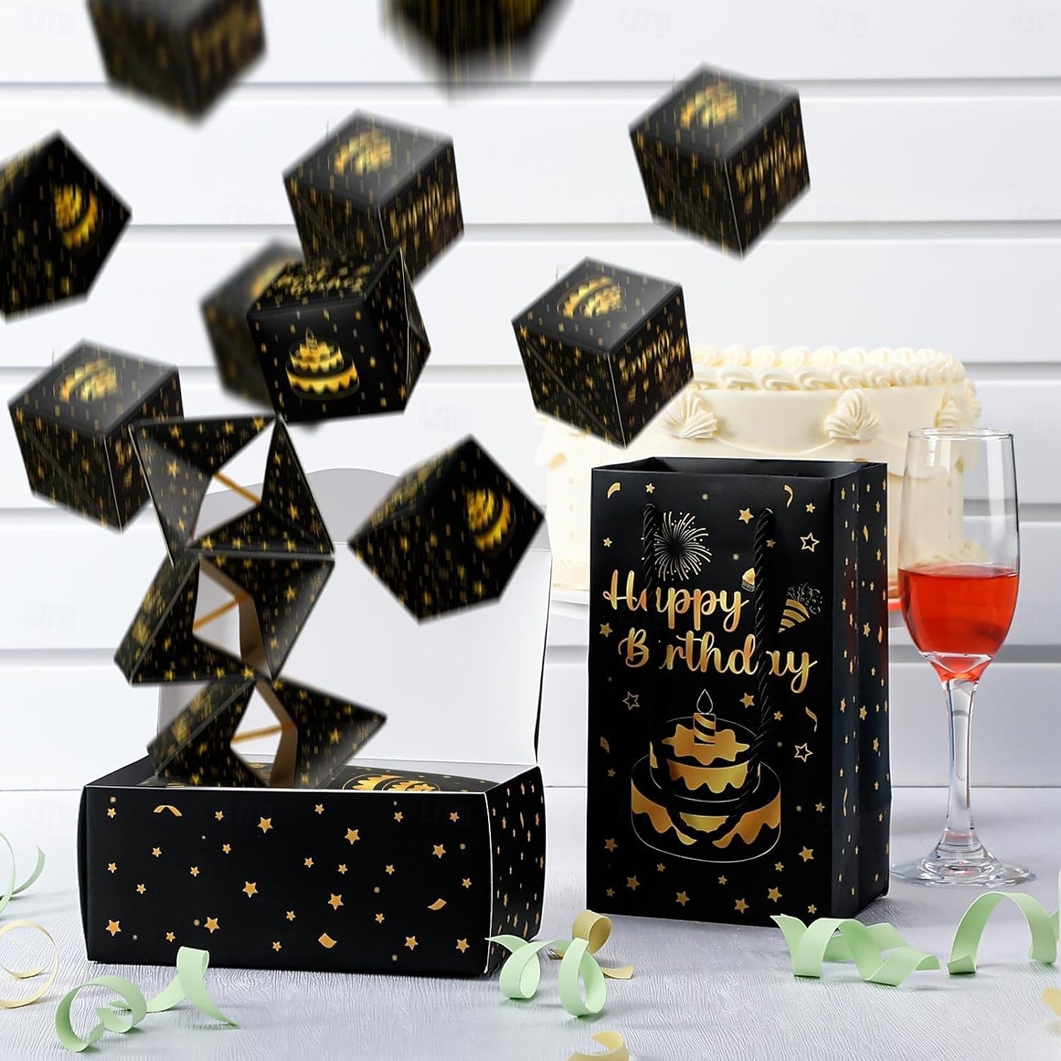 Overraskelseshoppeske bursdagsgaveeske med penger og konfetti - morsomt pop-up-design, svart med gulldetaljer, perfekt til bursdag eller spesielle anledninger, gaveeske til feiring 2026 - $13.99 –P9